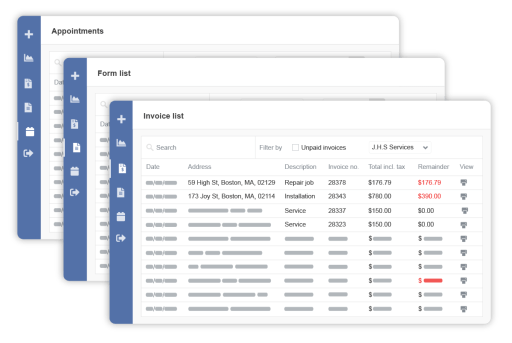 Customer portal screens stacked