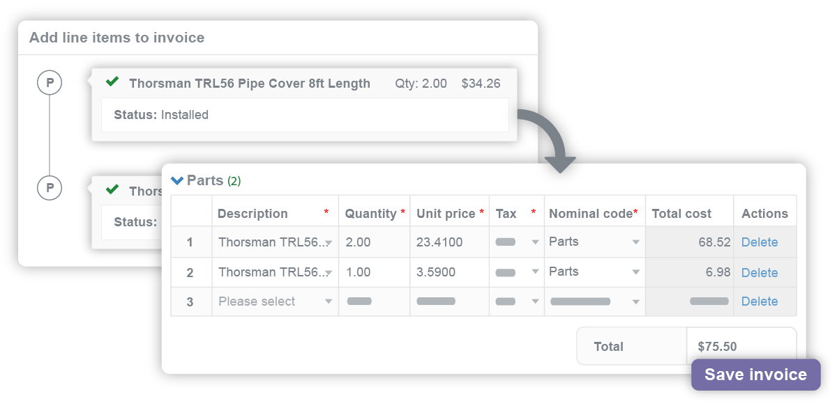 parts management goes into invoice