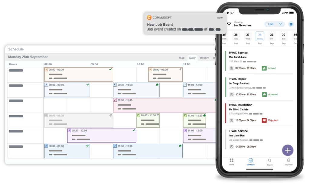 Commusoft service scheduling between web and mobile app